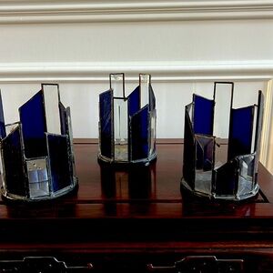 Set of 3 stained glass candle holders. Purple & clear. No chips/cracks.